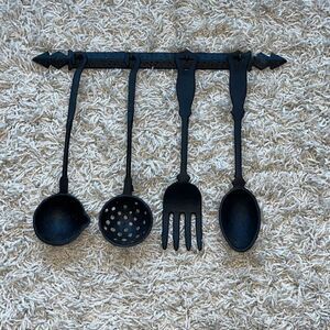 Vintage Four (4) Piece Set of Cast Iron Kitchen Utensils - Fork, Skimmer Spoon,